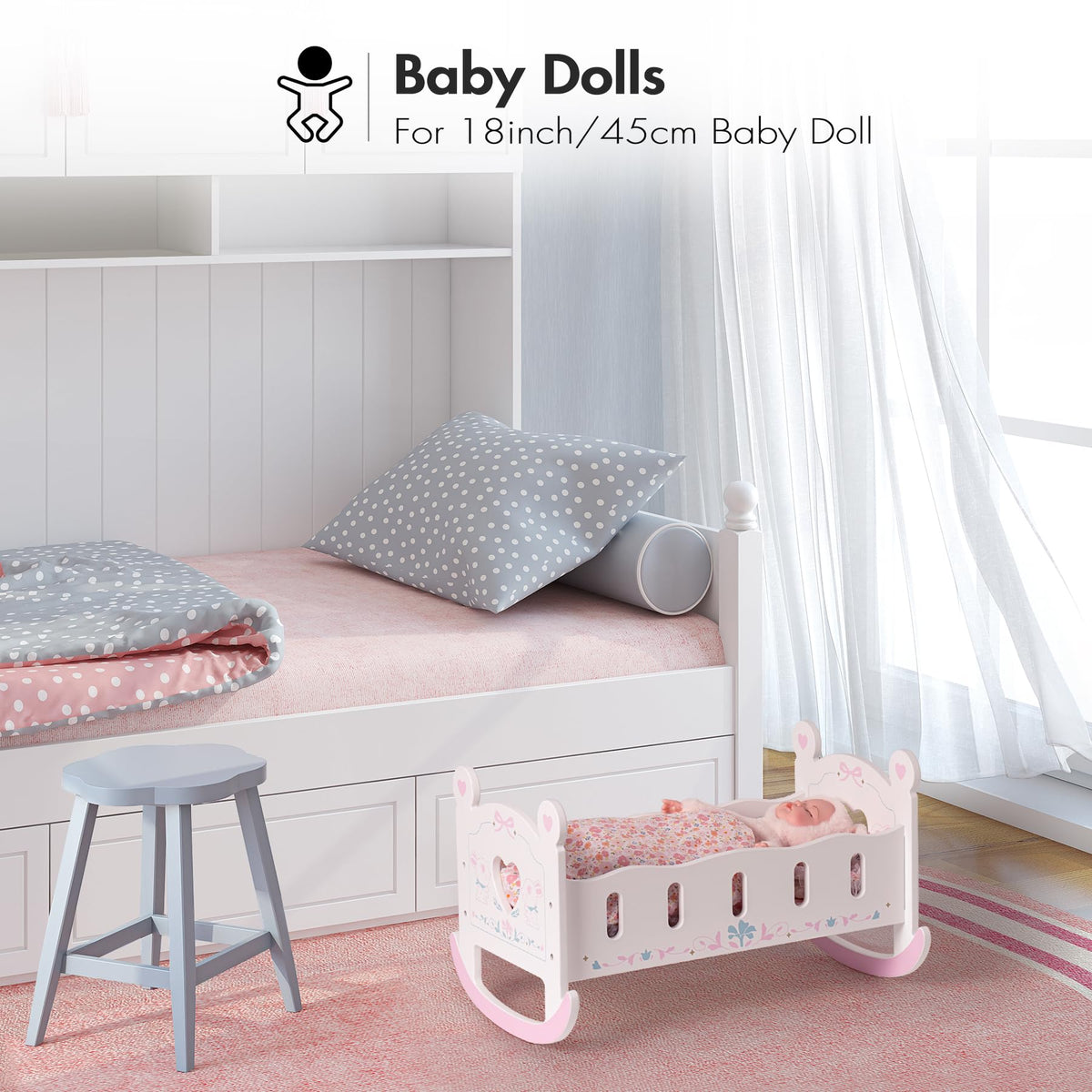 18-inch doll fits snugly in the ROBUD wooden doll bed