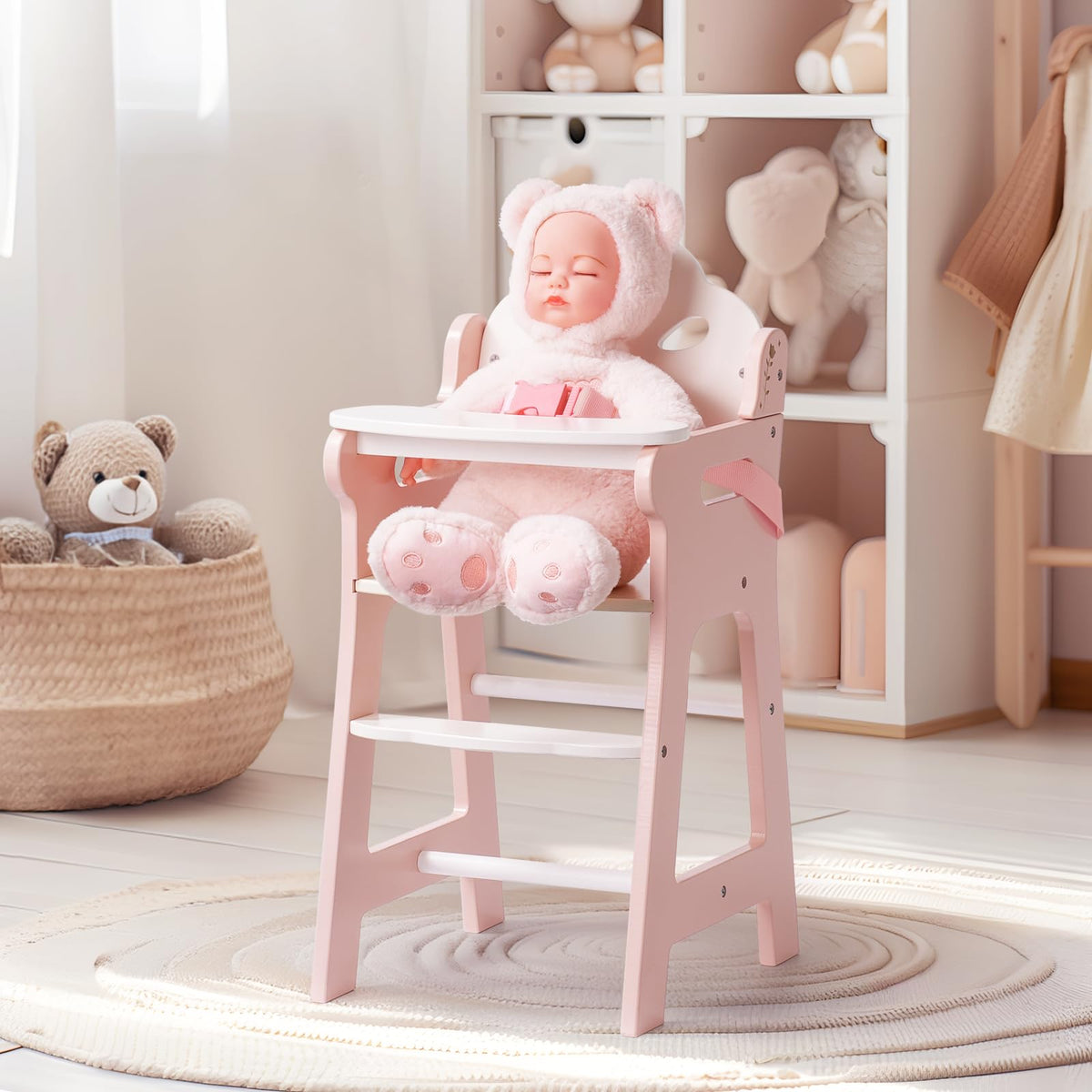 ROBUD baby doll high chair assembled, showing sturdy wooden frame for durable pretend play.
