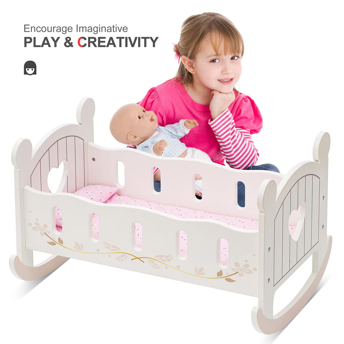 ROBUD doll bed shows a sleeping doll under a cozy quilt