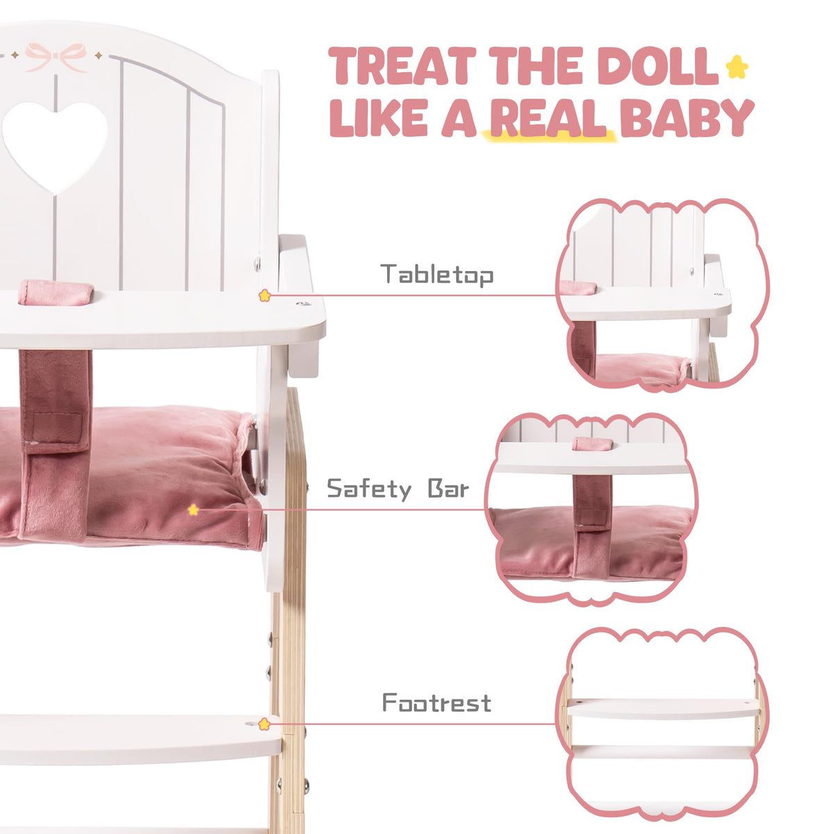 ROBUD Doll High Chair feeding tray lifts easily for pretend mealtime routines
