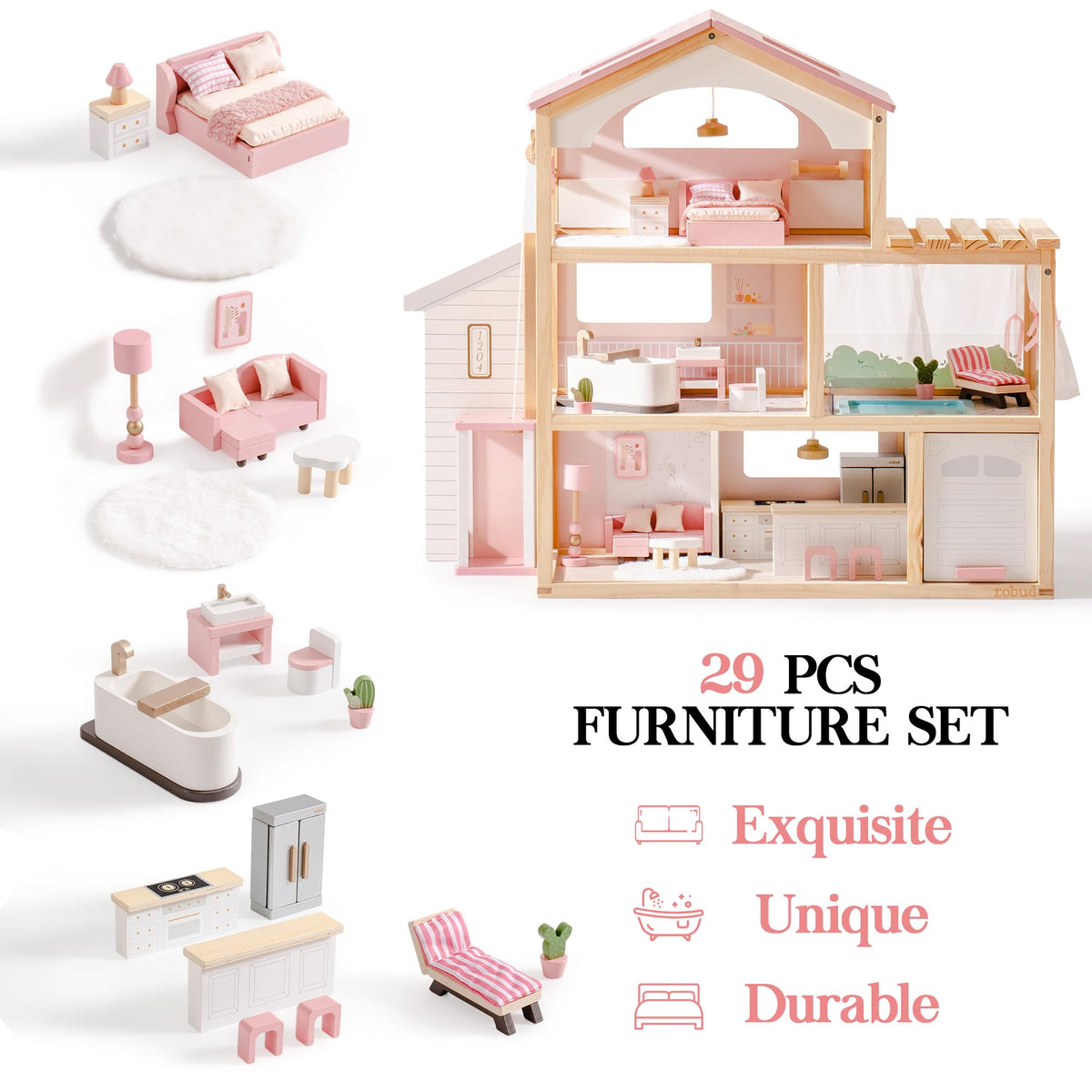 ROBUD dollhouse pink finish enhances modern playroom aesthetics