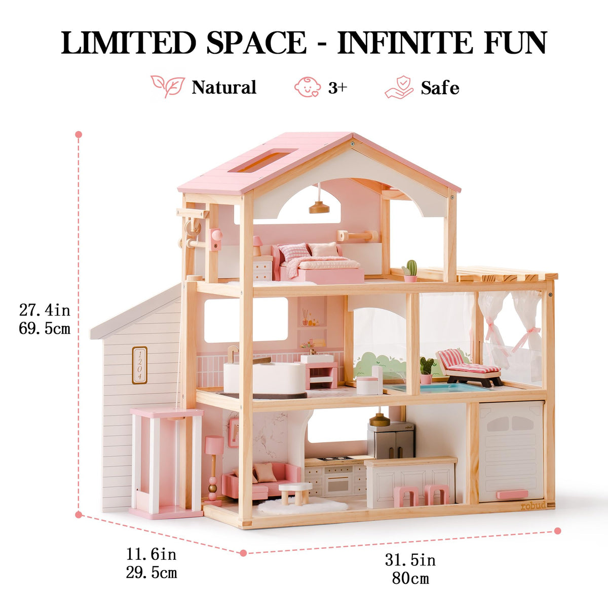 ROBUD dollhouse featuring a working elevator for dynamic play