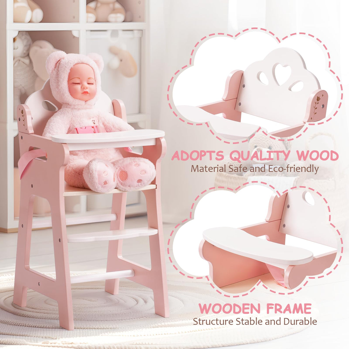 ROBUD high chair with smooth edges and finish for safe handling.