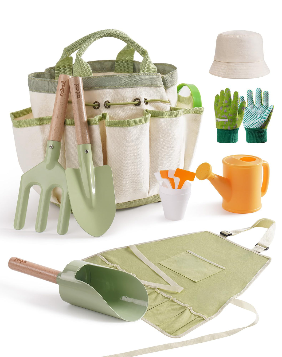 ROBUD Kid Gardening Set with tool storage bag for organized, mess-free play.