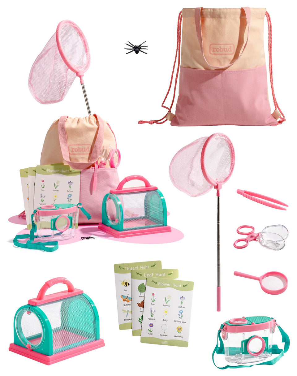 ROBud Kids Explorer Kit pink bag in use, ideal for on-the-go outdoor learning
