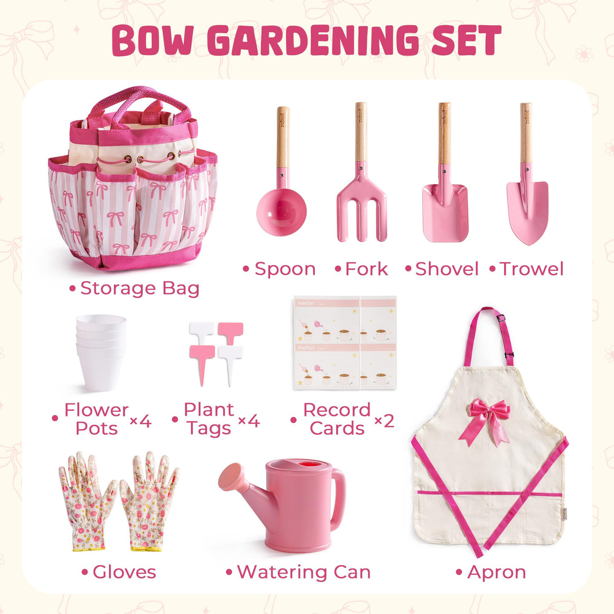 ROBud bow-themed apron with pockets keeps little hands clean while planting.