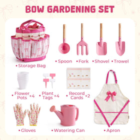 ROBud bow-themed apron with pockets keeps little hands clean while planting.