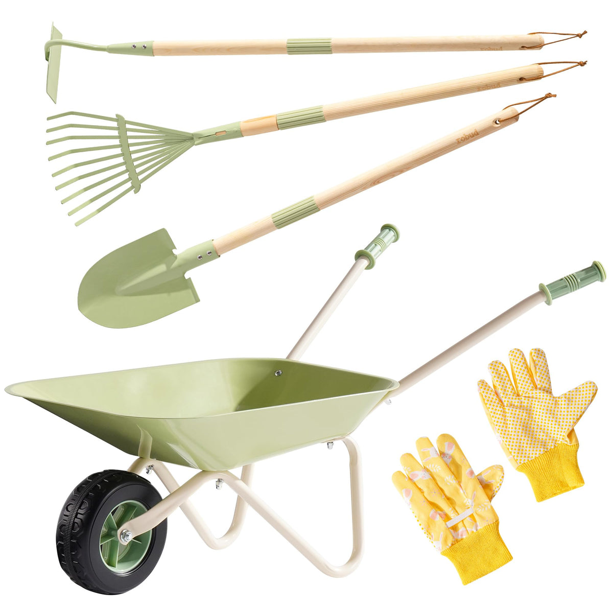 ROBUD Kids Wheelbarrow Set green metal wheelbarrow ideal for outdoor play and exploration.