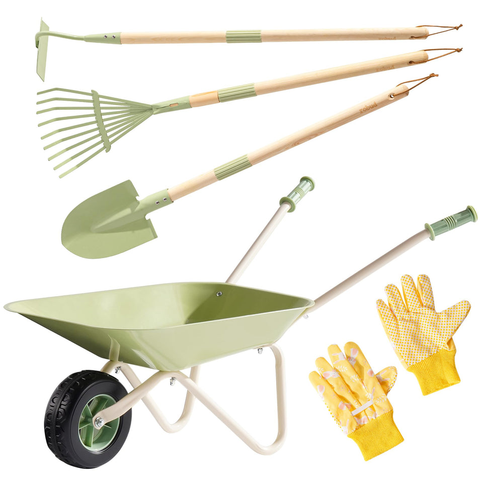 ROBUD Kids Wheelbarrow Set green metal wheelbarrow ideal for outdoor play and exploration.