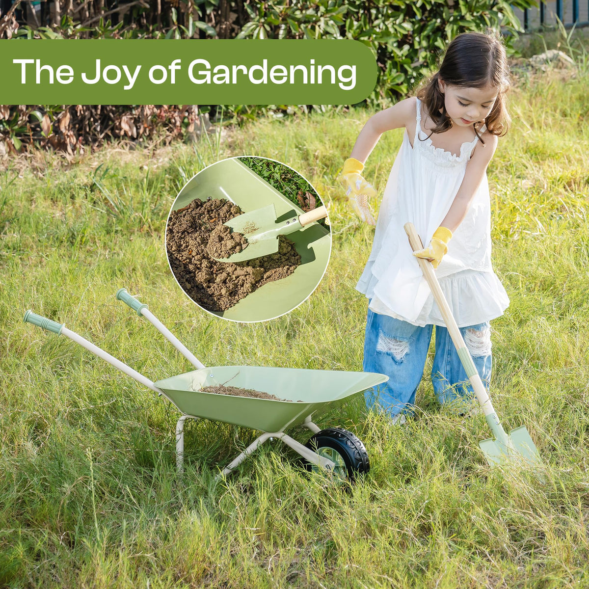 ROBUD Kids Wheelbarrow Set broom keeps outdoor play areas tidy.
