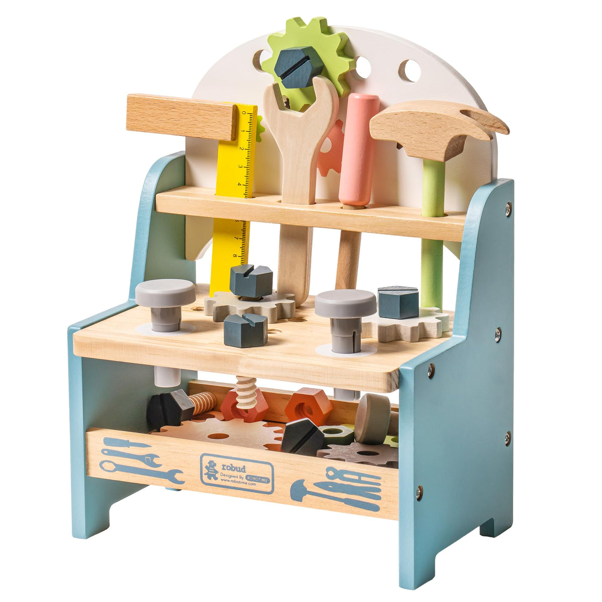 ROBUD Mini Workbench base with smooth wood and rounded edges for safe play