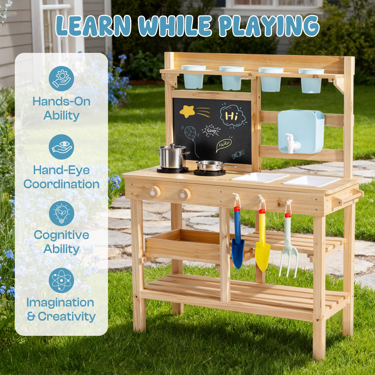 ROBUD Mud Kitchen accessory set includes pots and tools for pretend cooking