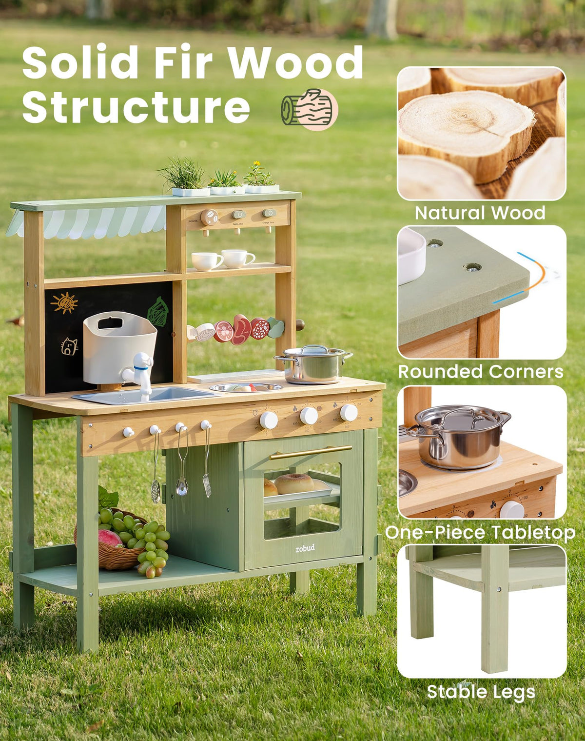 ROBUD Mud Kitchen backyard playset supports cooperative, imaginative activities.