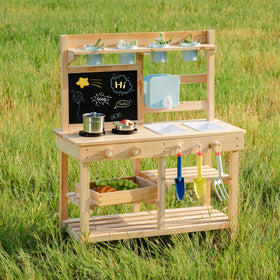 ROBUD Mud Kitchen storage boxes and garden tools organize play neatly