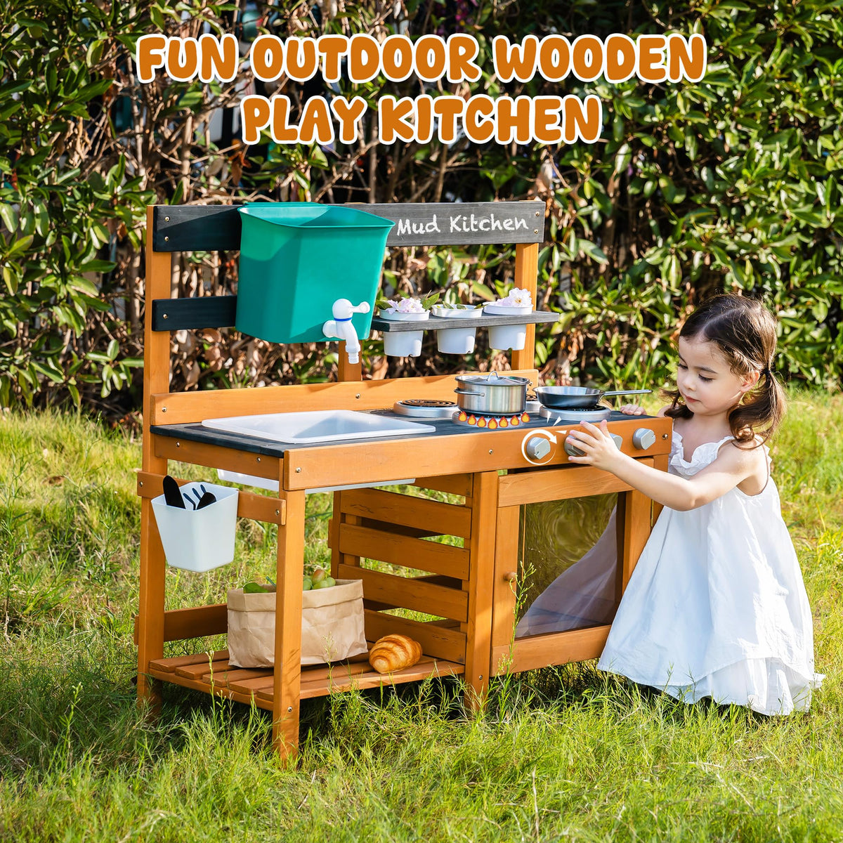 ROBUD mud kitchen in natural fir wood emphasizes durable outdoor use.