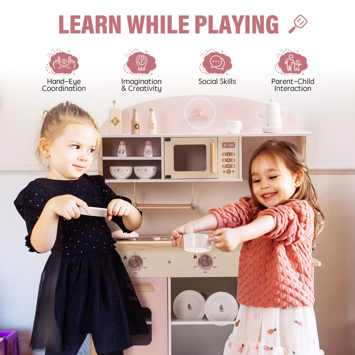 ROBUD Play Kitchen kid-playing scene, children enjoying imaginative kitchen play.