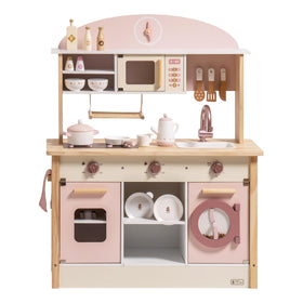 ROBUD Play Kitchen pink design front view, cheerful and modern for playtime.