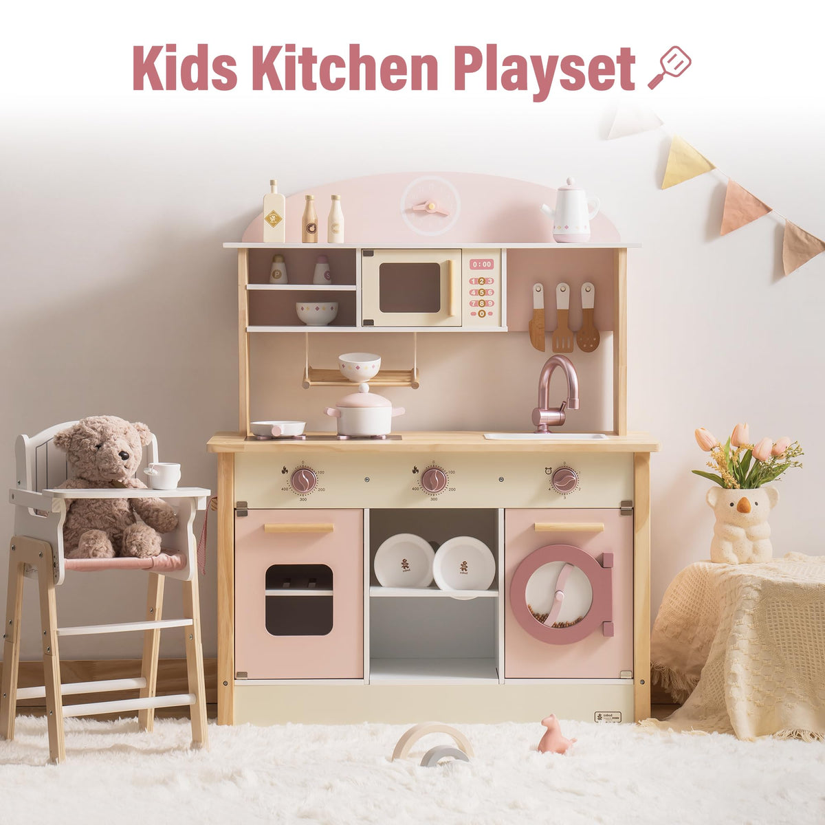 ROBUD Play Kitchen pink design side view, compact and stylish for rooms.