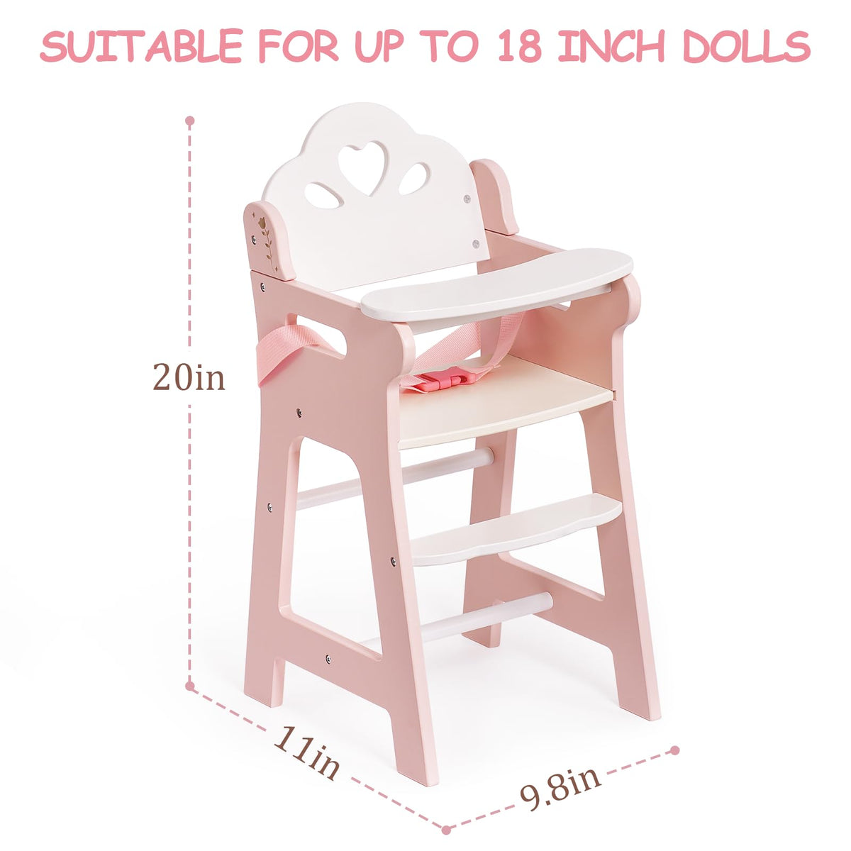 ROBUD portable wooden doll high chair ready for easy cleanup after playtime.