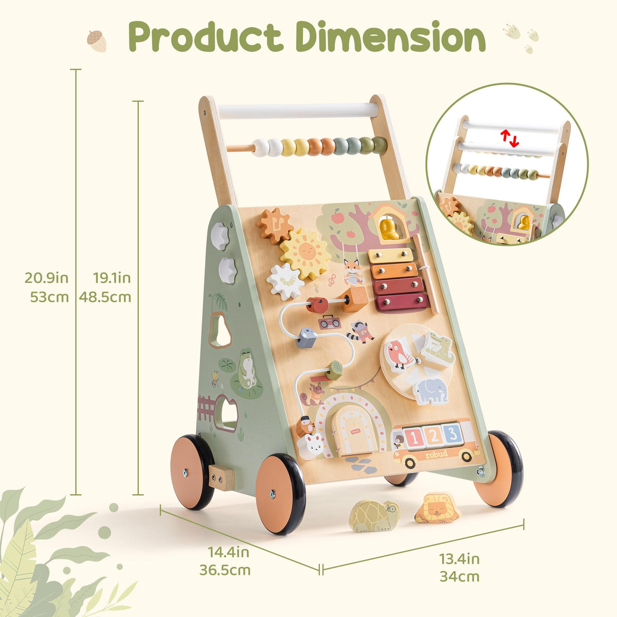ROBUD shape matching feature on walker encourages cognitive discovery through hands-on play.