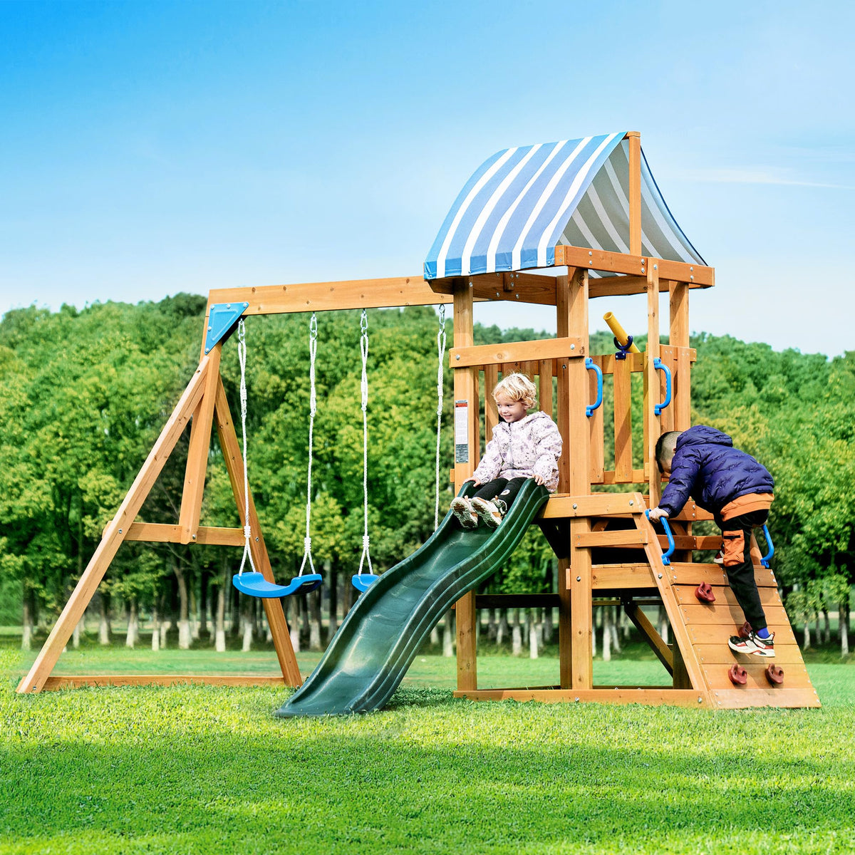 ROBUD swing set in backyard shows an all-in-one outdoor play space for kids.