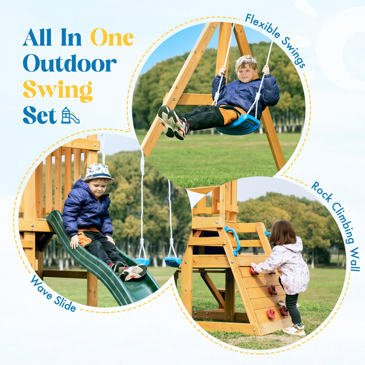 ROBUD swing set rock climbing wall supports balance and coordination.