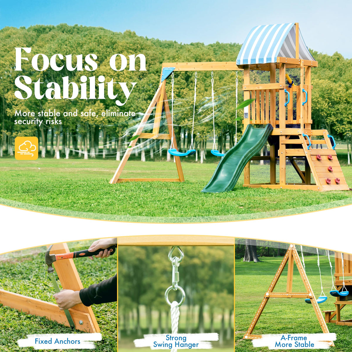 ROBUD swing set with two swings encourages cooperative outdoor play.
