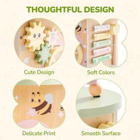 ROBud wooden toy fosters hand-eye coordination via sliding blocks and rotating petals.