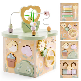 ROBud Wooden Activity Cube flower area boosts fine motor skill.
