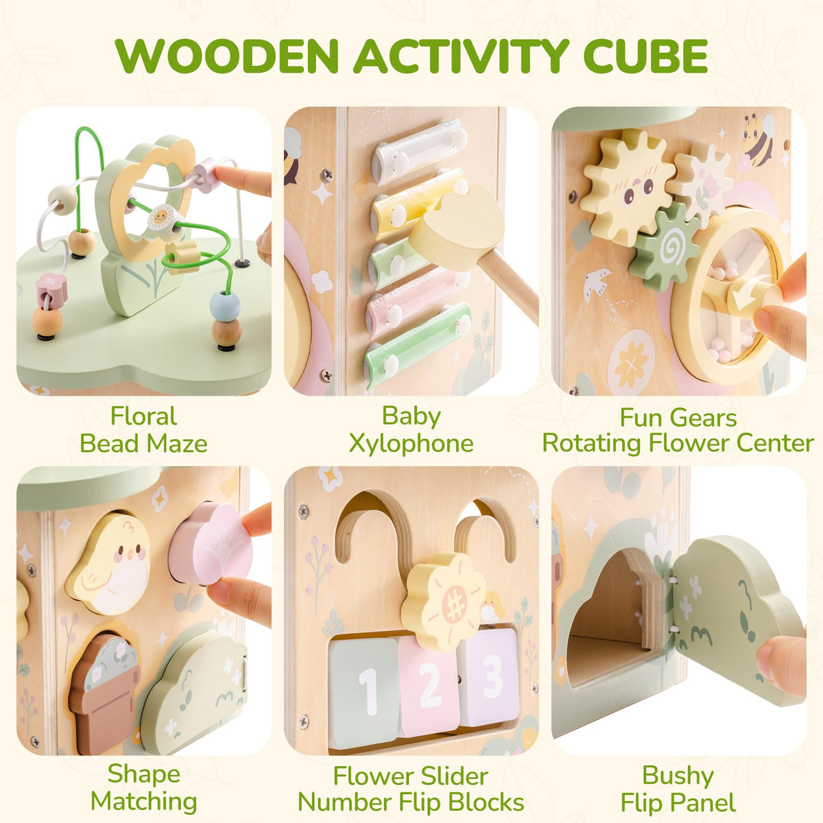 ROBud flower-themed cube offers pastel colors and gentle chimes for sensory play.