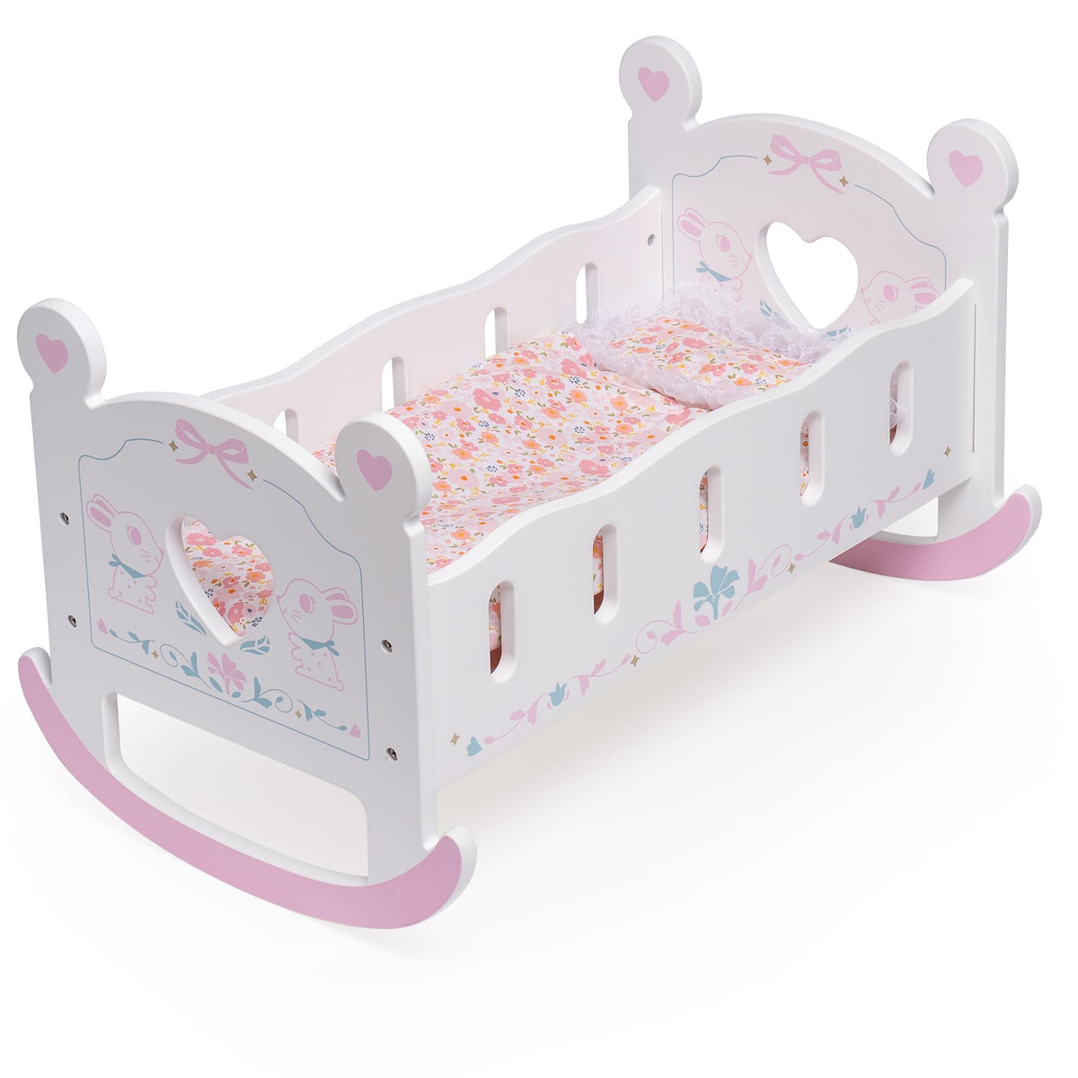 ROBUD wooden doll crib with mattress provides a cozy sleep space for 18-inch dolls