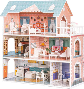 ROBud wooden dollhouse classic facade promotes imaginative play with sturdy build.