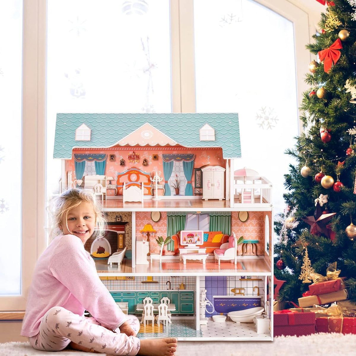 ROBud wooden dollhouse detailed interior captivates kids with colorful rooms and textures.