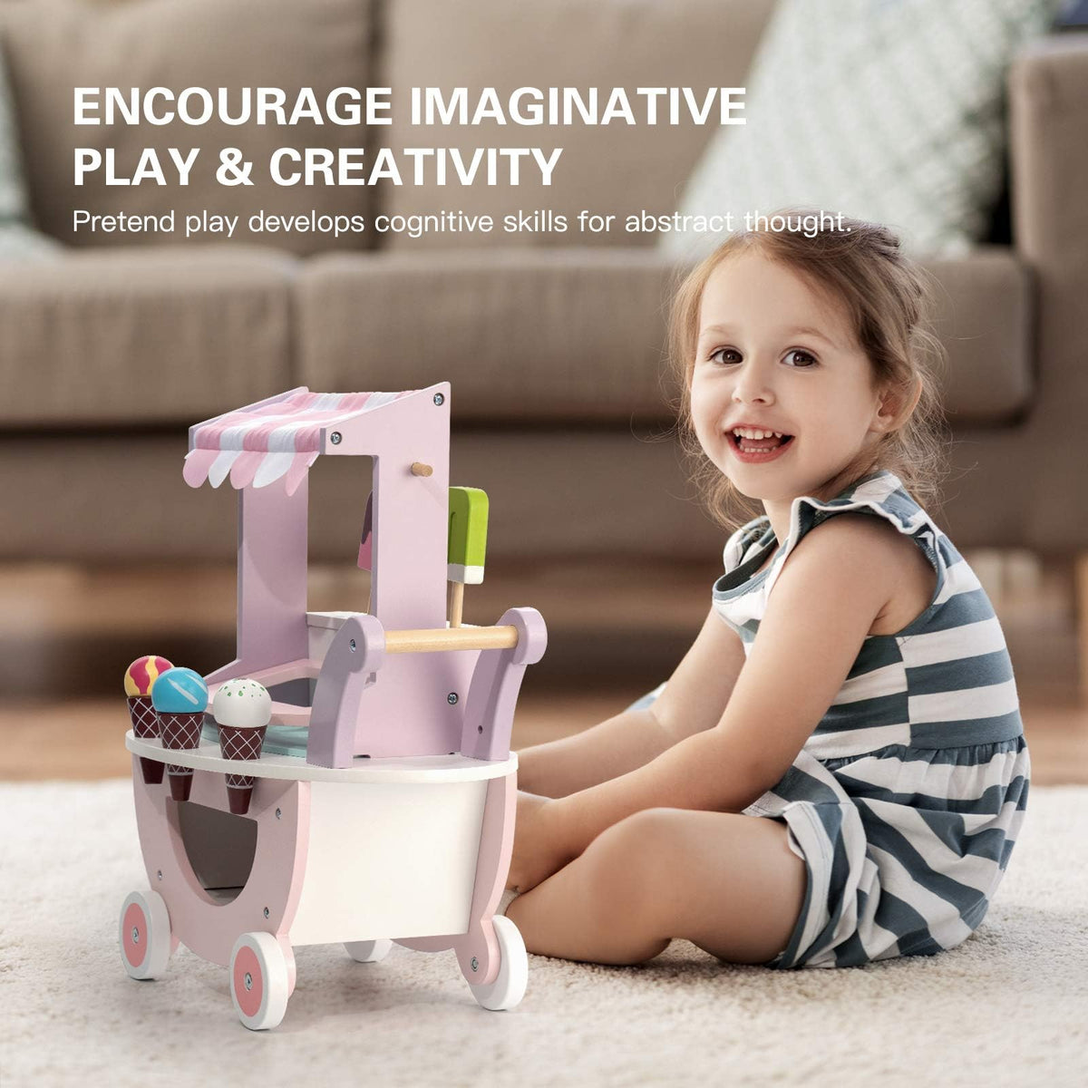 ROBUD wooden ice cream cart pink magnet scoops demonstrate interactive play possibilities