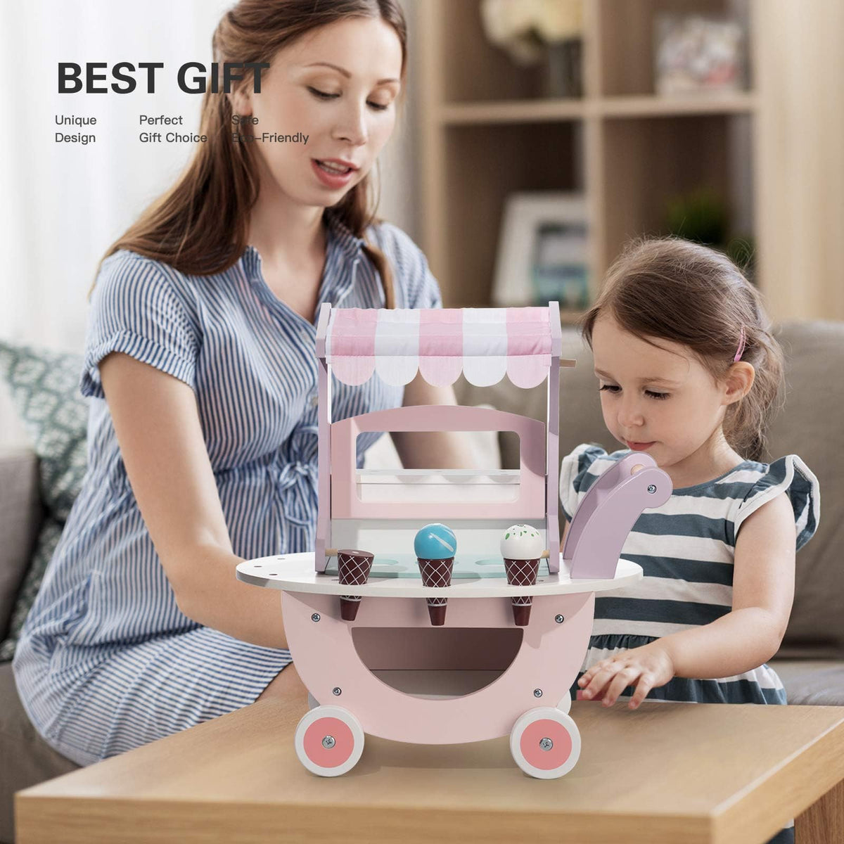 ROBUD wooden ice cream cart pink storage area keeps all parts organized