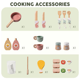 ROBUD accessories pack includes pots, pans, utensils, and decorative bottles for imaginative meals