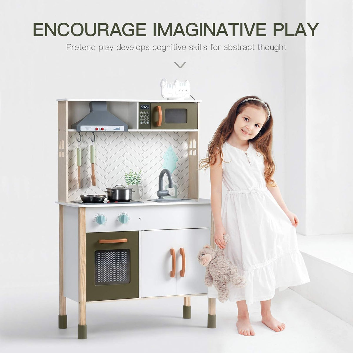 ROBUD wooden play kitchen oven door opens for realistic pretend meals.