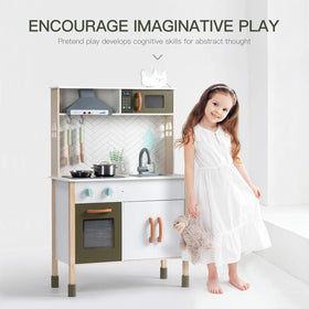ROBUD wooden play kitchen oven door opens for realistic pretend meals.