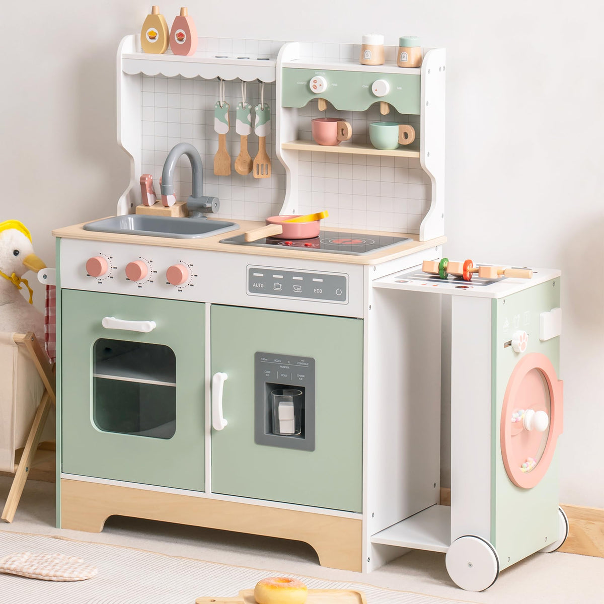 ROBUD wooden play kitchen overview with bright green design for imaginative play