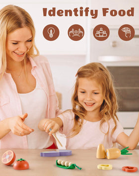 ROBUD wooden toy food display set shown in a neat kitchen setup.