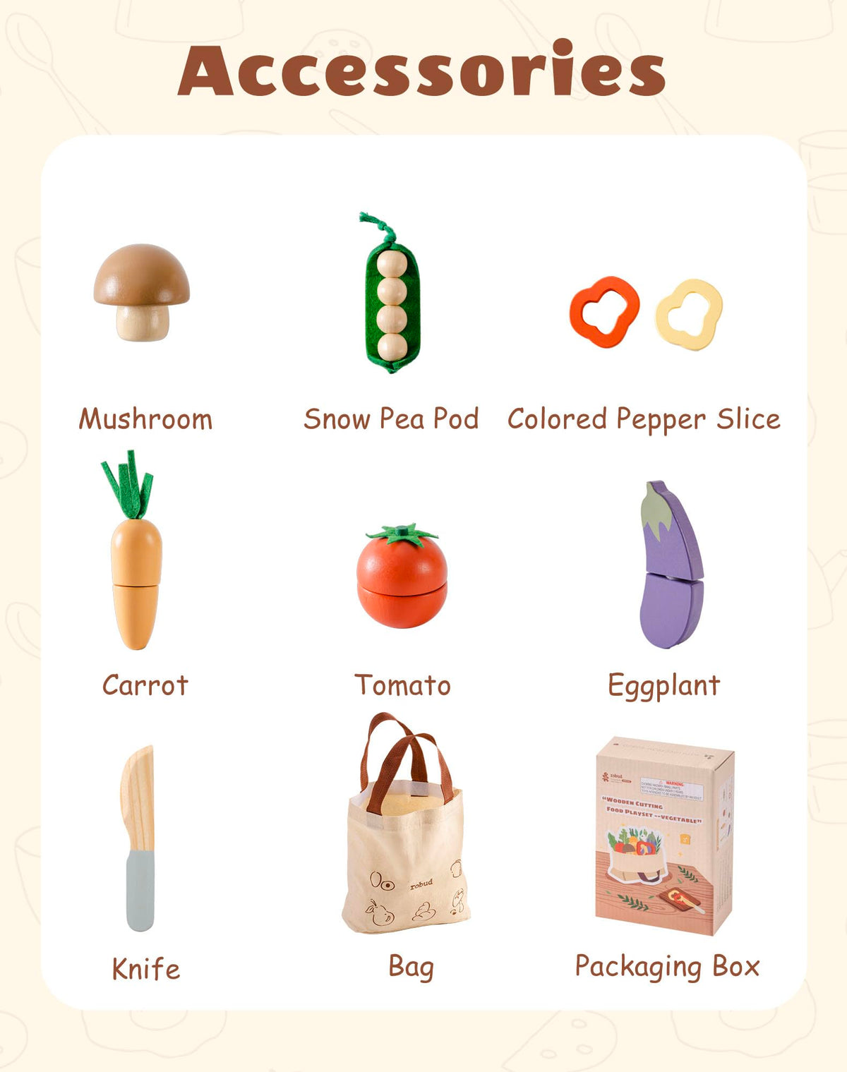 ROBUD wooden toy food mushroom for fine motor skill practice and pretend cooking.