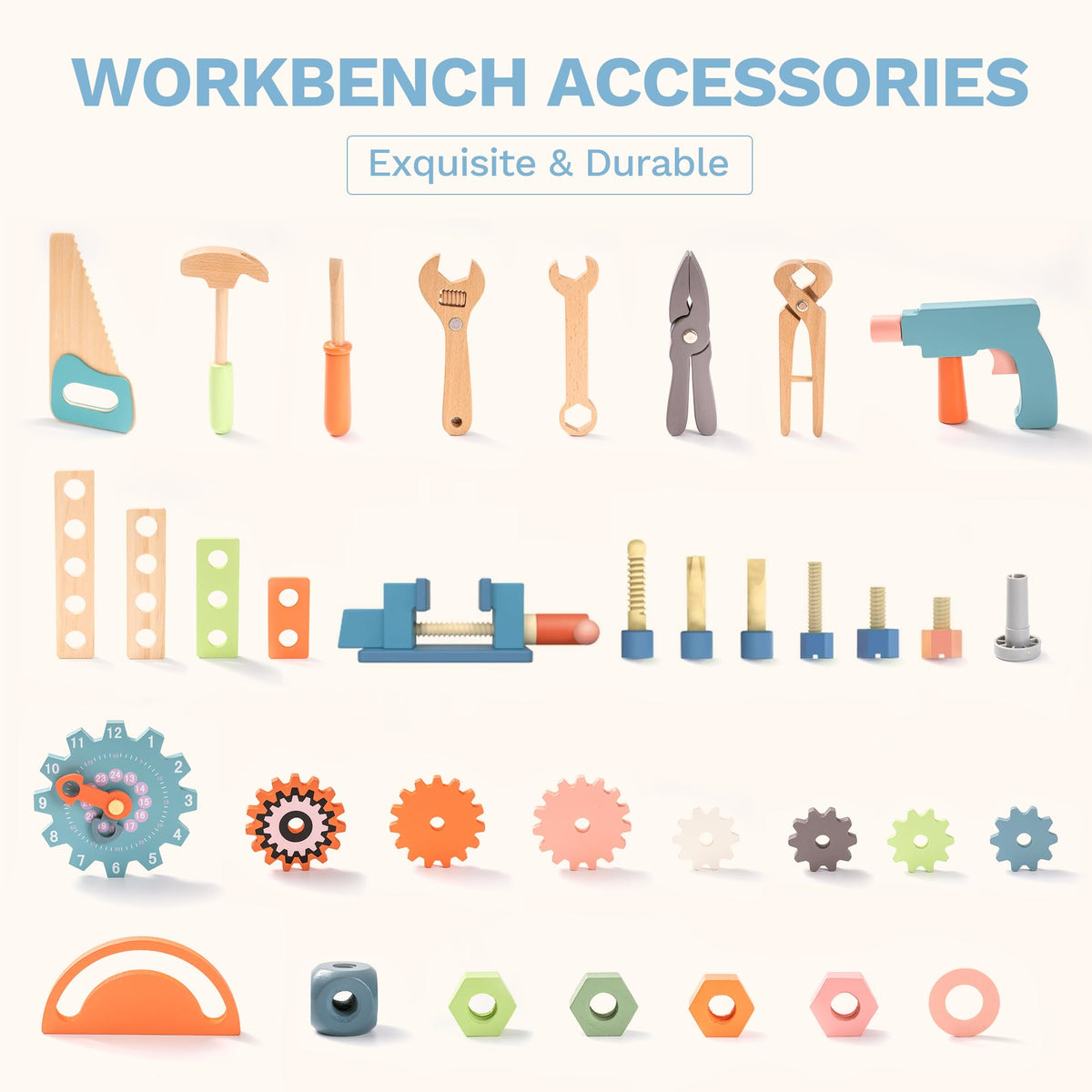 ROBUD wooden workbench with colorful tools invites creative construction play