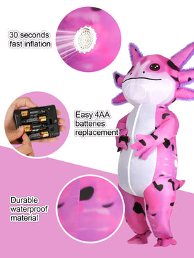 ROC PARTY kid wearing axolotl costume inspires smiles and imaginative cosplay at parties.