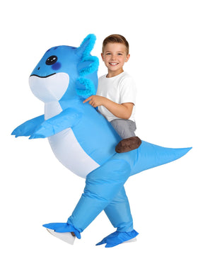 ROC PARTY blue axolotl costume inflates quickly for easy setup during events.