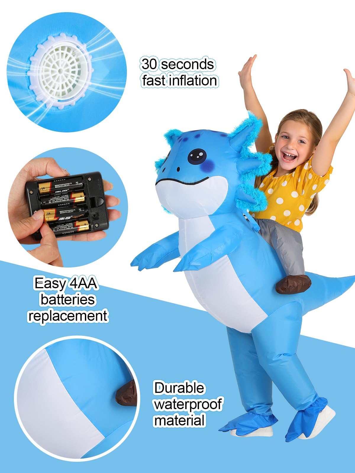 ROC PARTY inflatable blue axolotl costume promotes safe, entertaining play at parties.