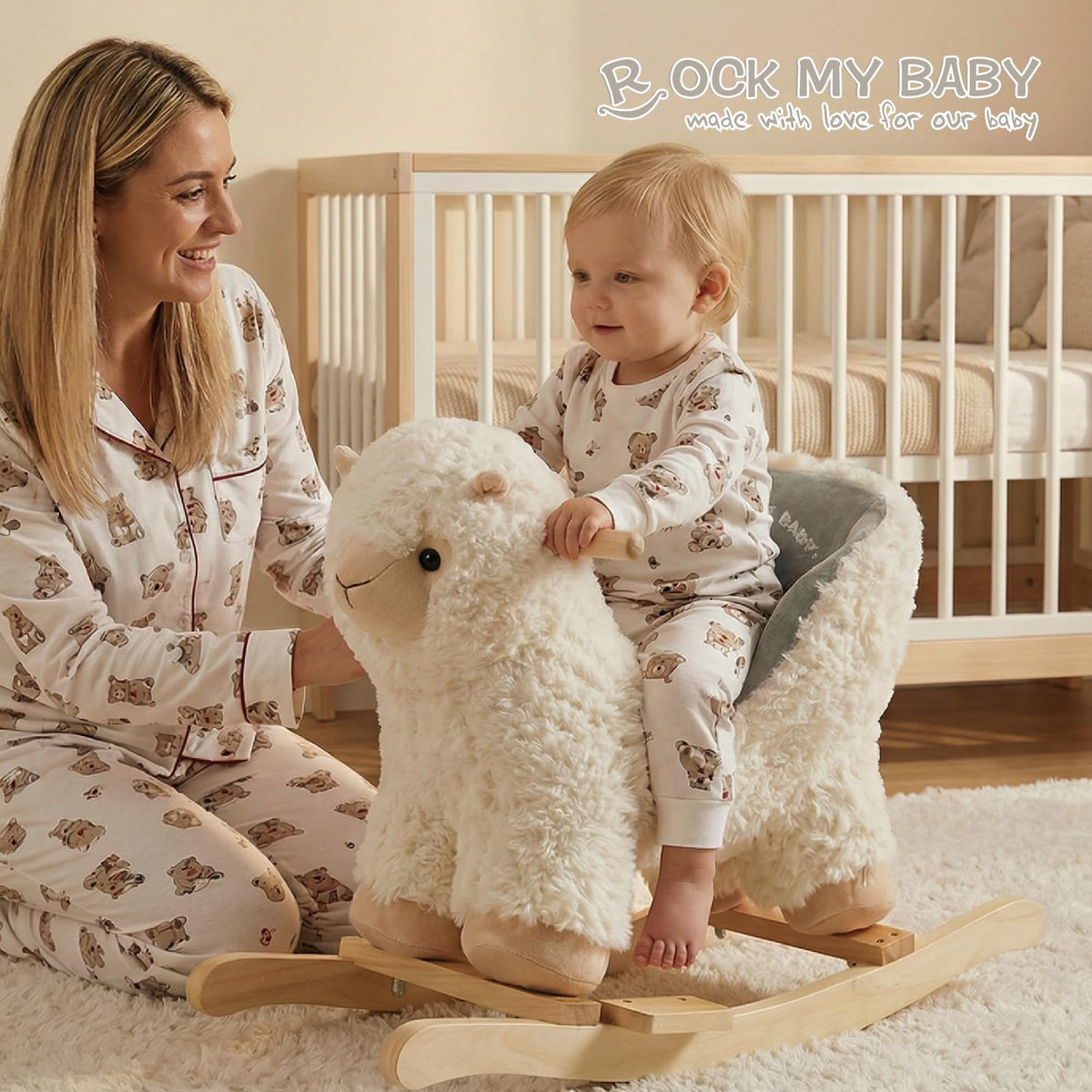 Rock My Baby alpaca rocker with lullaby feature for calm moments.