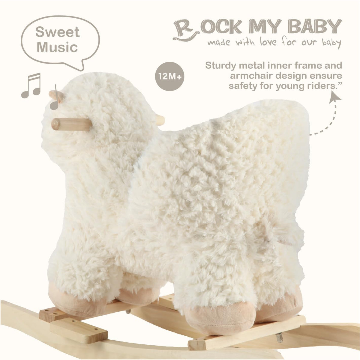 Rock My Baby assembly guide and product dimensions shown.