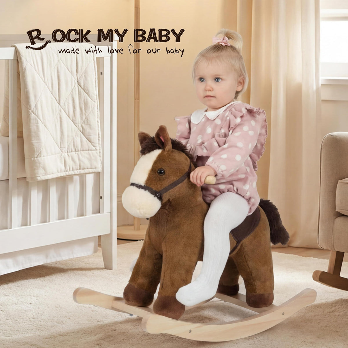 Rock My Baby rocking horse side view in dark brown emphasizing stability