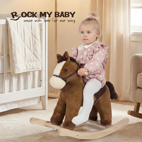Rock My Baby rocking horse side view in dark brown emphasizing stability