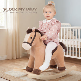 Rock My Baby Rocking Horse features sturdy wood and metal frame with soft fabric